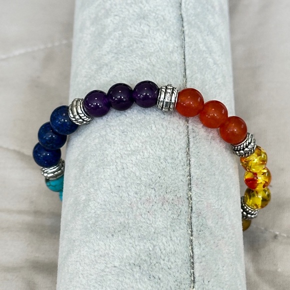 2/$10 Multicolor 7 stone chakra stretchy bracelet w/silver tone spacer beads - Picture 4 of 16